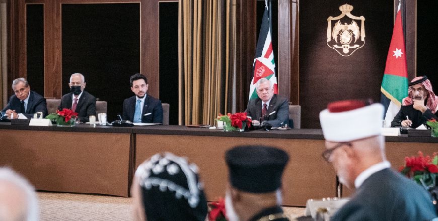 His Majesty King Abdullah meets with heads of Churches in Jerusalem and Jordan, Christian figures, and Jerusalem awqaf representatives on the occasion of Christmas, during a meeting attended by HRH Crown Prince Hussein, at Al Husseiniya Palace on Wednesday (Photo courtesy of Royal Court)