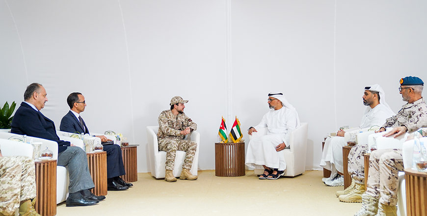 HRH Crown Prince Hussein meets with Sheikh Khaled bin Mohamed bin Zayed Al Nahyan, member of the Abu Dhabi Executive Council and chairman of the Abu Dhabi Executive Office on Tuesday in Abu Dhabi (Photo courtesy of Royal Court)