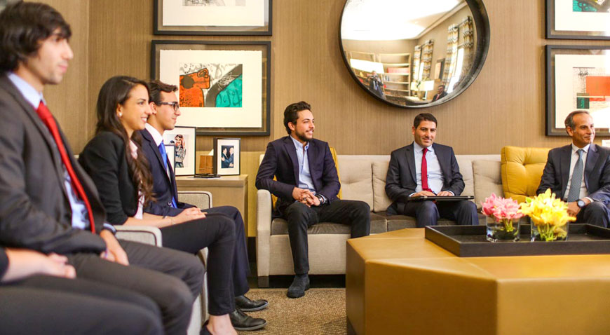 HRH Crown Prince Hussein meets with Jordanian students who have been secured internship at NASA under an initiative he launched last year in Amman, on Monday (Photo courtesy of Royal Court)