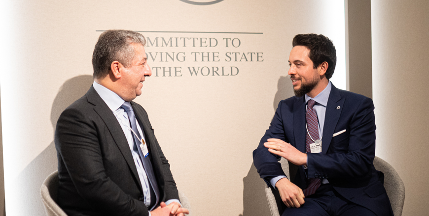 HRH Crown Prince Hussein on meets Wednesday with Prime Minister of the Kurdistan Region in Iraq Masrour Barzani on the sidelines of the 55th World Economic Forum in Davos (Photo courtesy of Royal Court)
