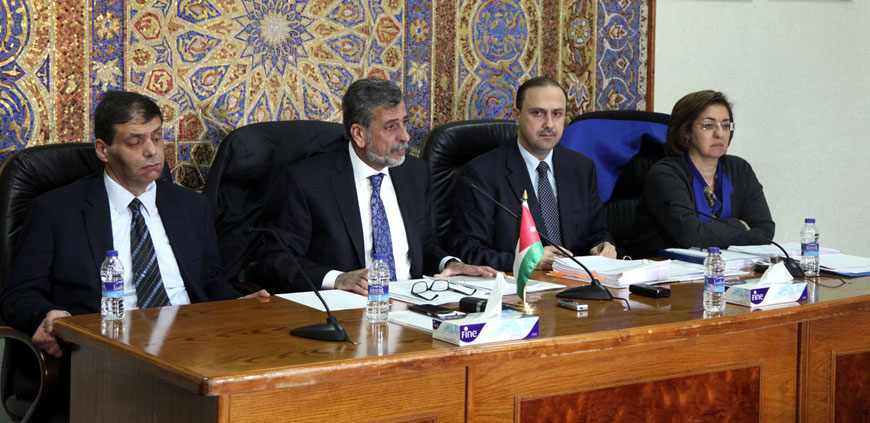 From right: Social Development Minister Reem Abu Hassan, Media Affairs and Communications Minister Mohammad Momani, Political and Parliamentary Affairs Minister Khaled Kalaldeh and Senator Muhannad Azzeh attend a press conference to explain new pieces of legislation drafted by the government in Amman on Monday (Petra photo)