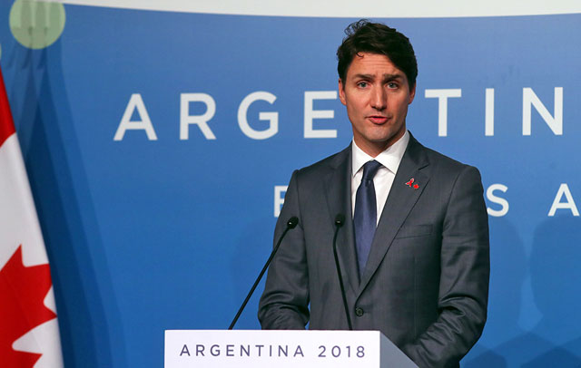 Canada's Prime Minister Justin Trudeau holds a news conference on the final day of the G-20 leaders summit in Buenos Aires, Argentina, on  December 1 (Reuters photo)