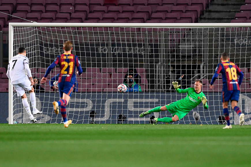 Juventus' Portuguese forward Cristiano Ronaldo (left) scores a penalty during the UEFA Champions League group G football match between Barcelona and Juventus at the Camp Nou Stadium in Barcelona, on Tuesday (AFP photo)
