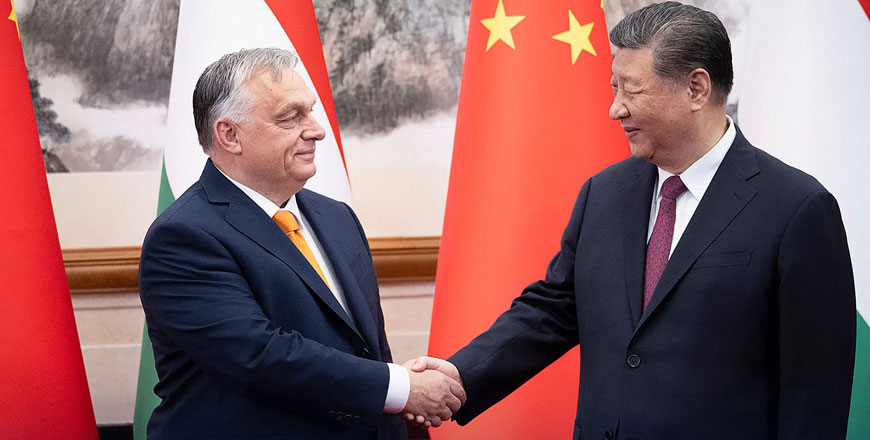 This handout from the social media platform X (formerly Twitter) account of Hungary's Prime Minister Viktor Orban @PM_ViktorOrban posted on Monday shows Orban (left) shaking hands with China's President Xi Jinping in Beijing (AFP photo)