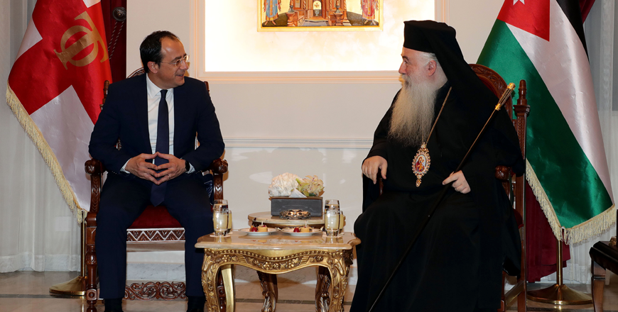 Cyprus President Nikos Christodoulides meets with Archbishop of the Greek Orthodox Church Christophoros Attallah during a visit to the Greek Orthodox Archdiocese‏ of Jordan on Tuesday (Petra photo) 