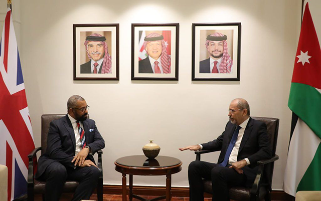 Deputy Prime Minister and Minister of Foreign Affairs and Expatriates Ayman Safadi meets with UK Secretary of State for Foreign, Commonwealth and Development Affairs James Cleverly in Amman on Thursday (Photo courtesy of British embassy)