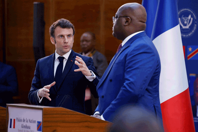 France’s President Emmanuel Macron (left) and the Democratic Republic of the Congo’s President Felix Tshisekedi hold a press conference as part of their meeting at the Palace of the Nation in Kinshasa, on Saturday (AFP photo)