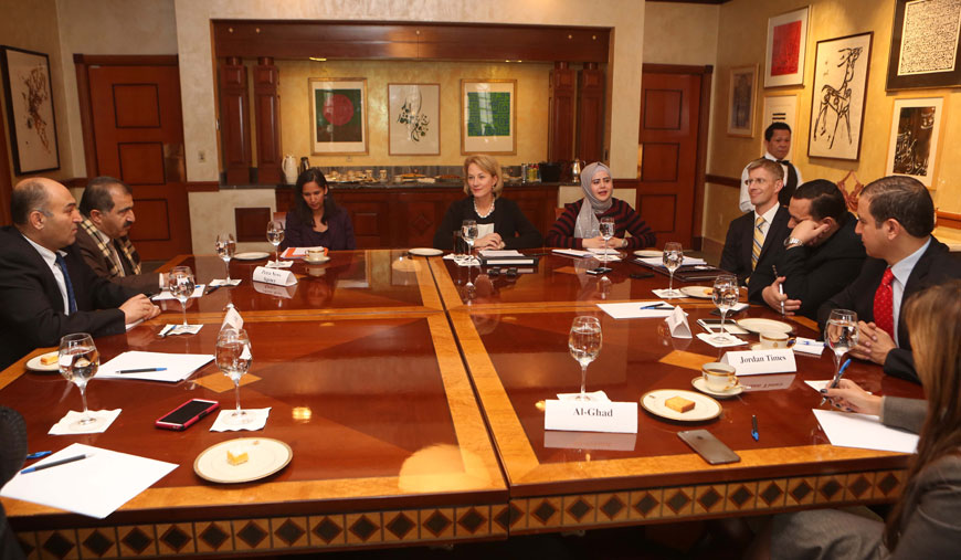  US Ambassador to Jordan Alice G. Wells meets with journalists and chief editors of dailies at her residence on Wednesday (Photo by Abdullah Ayoub)