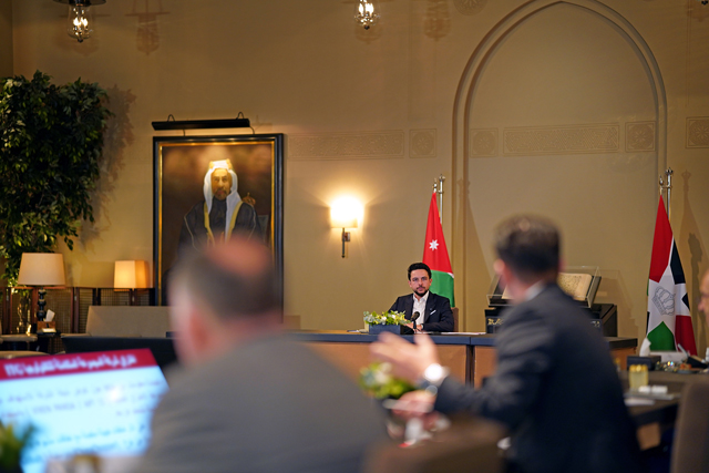HRH Crown Prince Hussein during a meeting  with the relevant stakeholders to follow up on efforts to enhance cyber security at Al Husseiniya Palace on Wednesday (Photo courtesy of Royal Court)