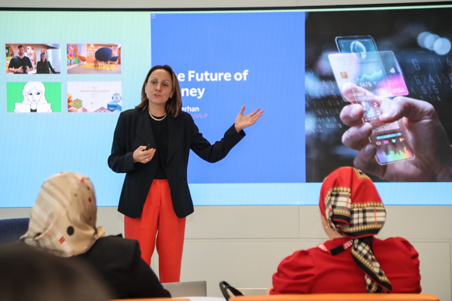 Leila Serhan, senior vice president and group country manager for Visa in North Africa, the Levant and Pakistan (NALP), speaks in a recent photo at Visa Dubai Innovation Centre (Photo courtesy of Visa Dubai Innovation Centre)