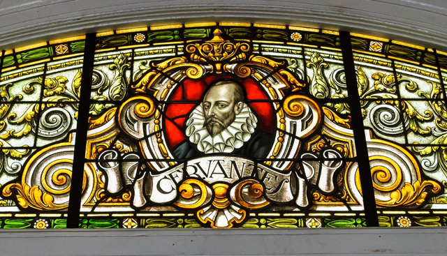 A view of a restored stained-glass window with a Miguel Cervantes portrait taken on November 7 in Havana (AFP photo)