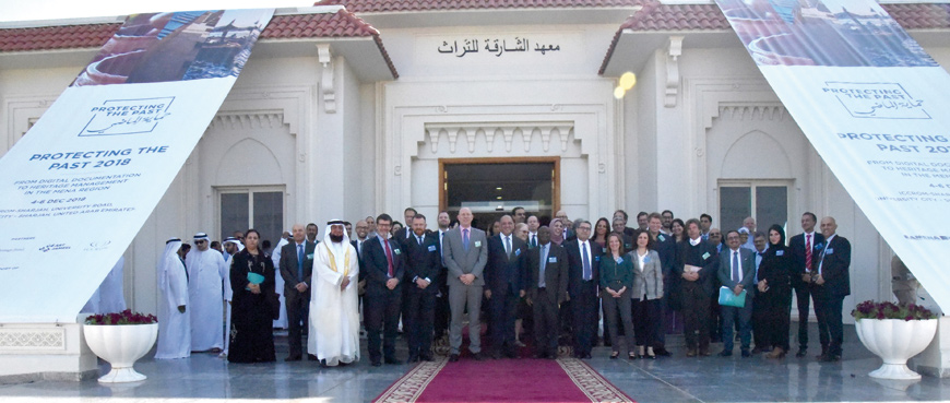 Participants of the Protecting the Past conference pose for the group photo on Thursday (Photo courtesy of ICCROM-Sharjah)