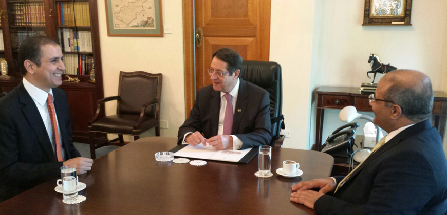 Cypriot President Nicos Anastasiades in an interview with The Jordan Times Chief Editor Samir Barhoum and Al Rai Chief Editor Tareq Momani  in Nicosia  last week (JT photo)