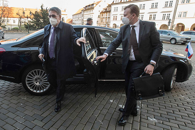 Russian Ambassador in Czech Republic Alecsandr Vladimirovich Zmeyevskiy (left) arrives for meeting with Czech Republic's Foreign Minister Jakub Kulhanek, on Wednesday  in Prague (AFP photo)