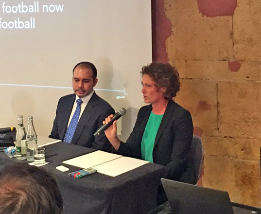 HRH Prince Ali and Afghanistan’s women’s football coach Kelly Lindsey during the launch of the ‘Fearless Football’ campaign  (Photo courtesy of  HRH Prince Ali’s Twitter account)