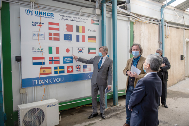 UNHCR Representative Dominik Bartsch (left) and Japan’s Ambassador to Jordan Shimazaki Kaoru (right) are seen during a gathering on Sunday (Photo courtesy of UNHCR)
