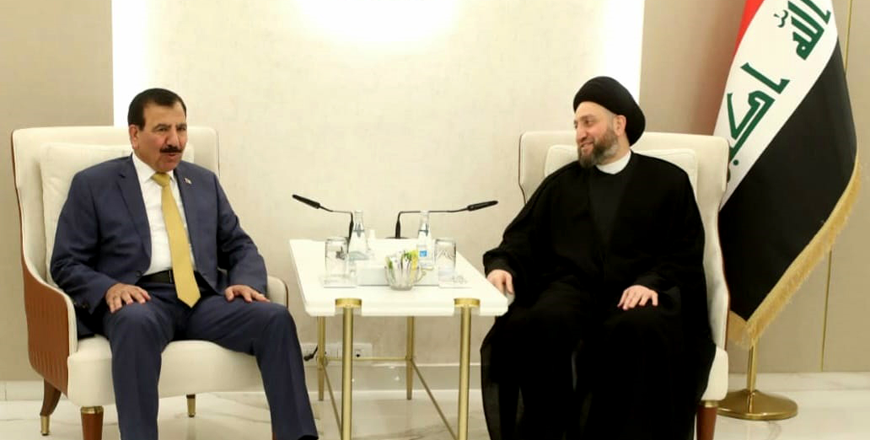 First Deputy Speaker of the Lower House Ahmad Khalaileh meets with Ammar Al Hakim, head of the Iraqi National Wisdom Movement, in Baghdad on Tuesday (Petra photo)