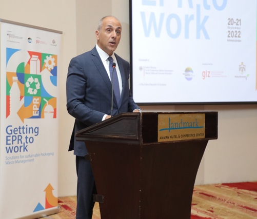 Environment Minister Muawieh Radaideh addresses an international conference on waste management practices and policies on extended producer responsibility in Amman on Tuesday (Petra photo)