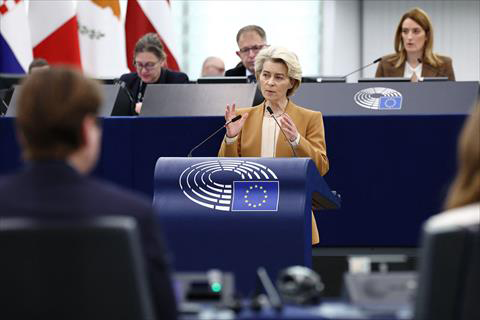 European Commission President Ursula von der Leyen speaks during a debate on the results of the latest EU summits, as part of a plenary session at the European Parliament in Strasbourg, eastern France, on Tuesday (AFP photo)