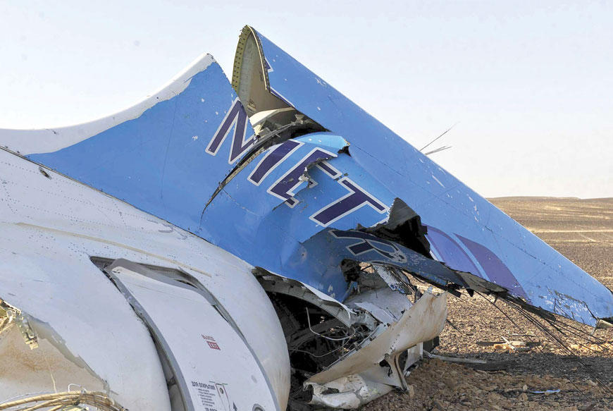 The remains of a Russian airliner which crashed is seen in central Sinai near El Arish city, north Egypt, on Saturday (Reuters photo)