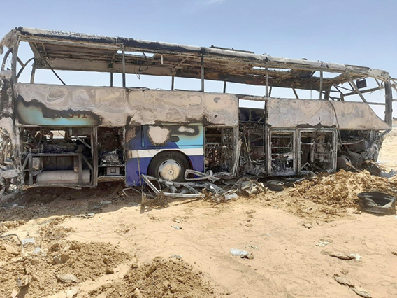 A photo shows the scene of a bus accident which occurred in early hours of Wednesday when the vehicle collided with a car as it was transporting tourists on a road between Aswan and the famed Abu Simbel Temple further south (AFP photo)