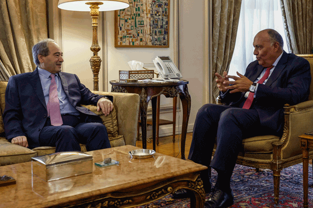 Egyptian Foreign Minister Sameh Shoukry (right) meets with his Syrian counterpart Faisal Mekdad at the ministry headquarters in Cairo, on Saturday (AFP photo)