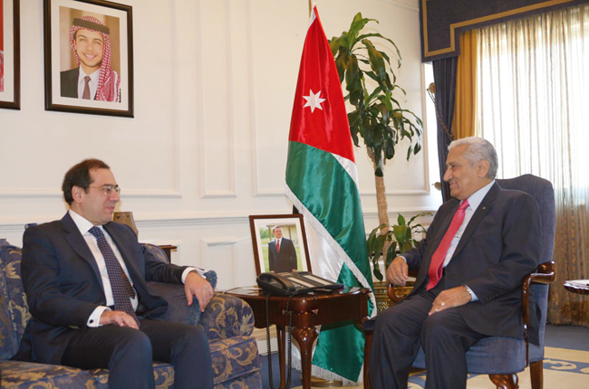 Prime Minister Abdullah Ensour meets with Egyptian Minister of Petroleum and Mineral Resources Tarek El Molla in Amman on Thursday (Petra photo)