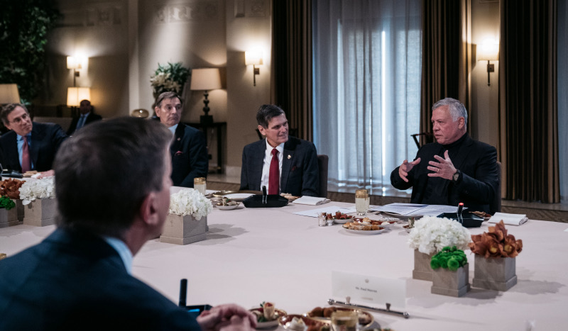 His Majesty King Abdullah meets with a delegation from the Business Executives for American National Security Group at Al Husseiniya Palace on Monday (Photo courtesy of Royal Court)