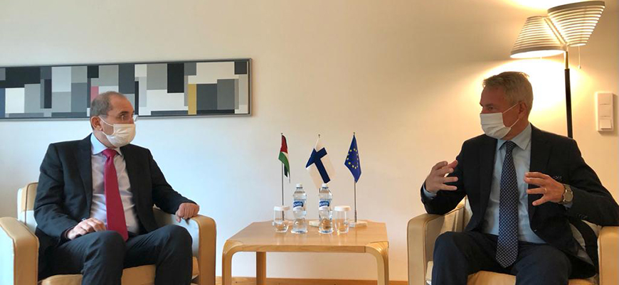 Deputy Prime Minister and Foreign Minister Ayman Safadi holds talks with Finnish Foreign Minister Pekka Haavisto in the Finnish capital, Helsinki, on Tuesday (Petra photo)