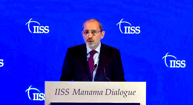 Deputy Prime Minister and Minister of Foreign Affairs Ayman Safadi delivers his address at the IISS Manama Dialogue on Saturday (Petra photo)