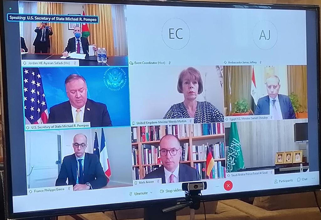 Deputy Prime Minister and Foreign Minister Ayman Safadi takes part in a meeting of the Syria’s Mini-Constitutional Committee on Thursday, via video conference (Photo courtesy of the Foreign Ministry)