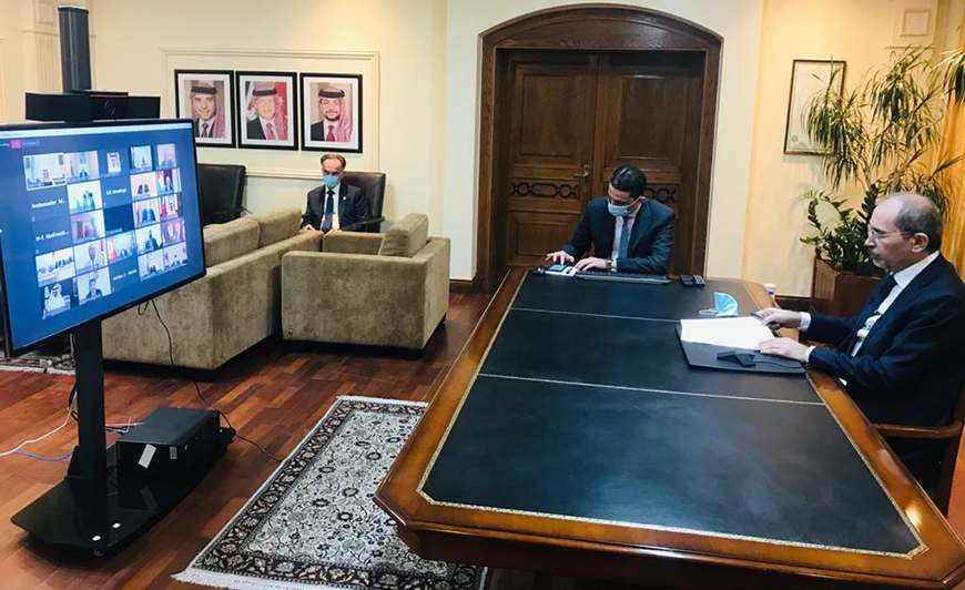 Deputy Prime Minister and Minister of Foreign Affairs Ayman Safadi participates in the virtual extraordinary session of foreign ministers of the Organisation of Islamic Cooperation on Sunday (Photo courtesy of Foreign Ministry)