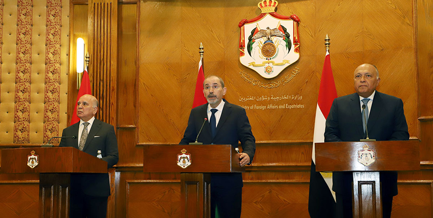 Deputy Prime Minister and Foreign Minister Ayman Safadi, Iraq's Deputy Prime Minister and Foreign Minister Fuad Hussein, and Egypt's Foreign Minister Sameh Shoukry hold a press conference in Amman on Wednesday (Photo courtesy of Foreign Ministry)