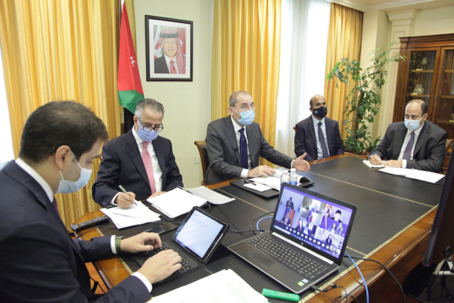 Deputy Prime Minister and Minister of Foreign Affairs and Expatriates Ayman Safadi and Swedish Foreign Minister Ann Linde (not pictured) chair the third ministerial strategic dialogue to discuss sustainable means to support the United Nations Relief and Works Agency for Palestine Refugees in the Near East (UNRWA) on Thursday (Petra photo)