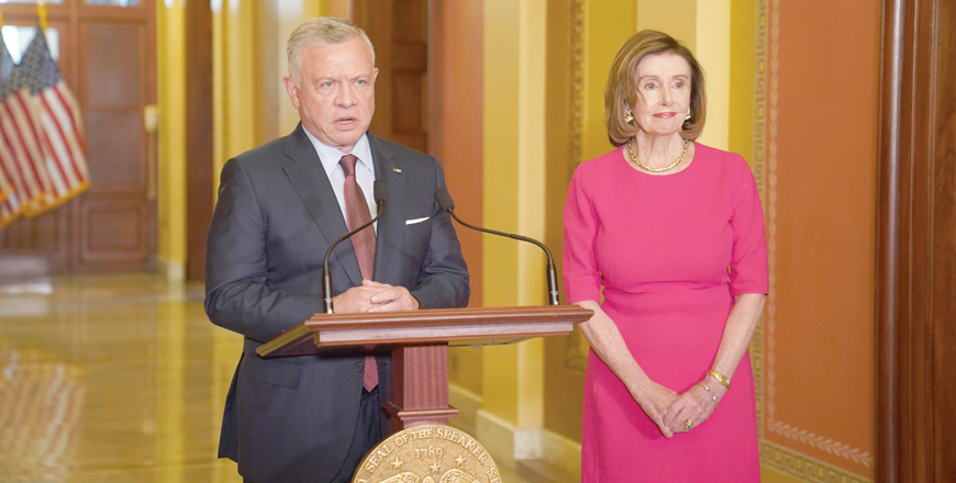 His Majesty King Abdullah and US House Speaker Nancy Pelosi deliver remarks to media at Capitol Hill on Wednesday (Photo courtesy of Royal Court)