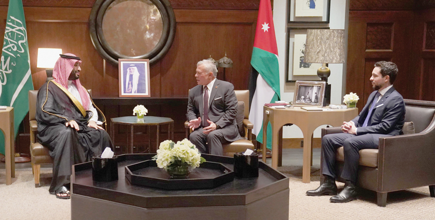 His Majesty King Abdullah holds talks with Saudi Crown Prince Mohammed Bin Salman Bin Abdulaziz Al Saud, during a meeting attended by HRH Crown Prince Hussein, at Al Husseiniya Palace on Tuesday (Photo courtesy of Royal Court)