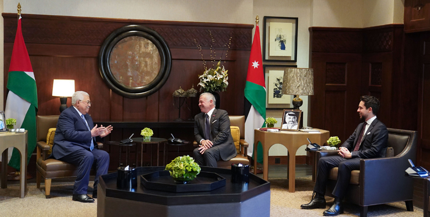 His Majesty King Abdullah meets with Palestinian President Mahmoud Abbas, during a meeting attended by HRH Crown Prince Hussein, on Sunday (Photo courtesy of Royal Court)