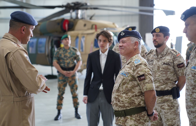 His Majesty King Abdullah, the Supreme Commander of the Jordan Armed Forces-Arab Army, accompanied by HRH Crown Prince Hussein, visits the King Abdullah II Airbase on Monday (Photo courtesy of Royal Court)