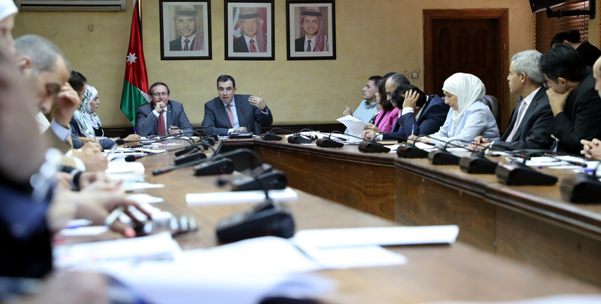 The Higher National Committee for Sustainable Development, chaired by Minister of Planning and International Cooperation Imad Fakhoury, discusses the draft of the National Voluntary Review of Jordan on the Sustainable Development Agenda 2030 in Amman on Tuesday   (Photo courtesy of Ministry of Planning and International Cooperation)