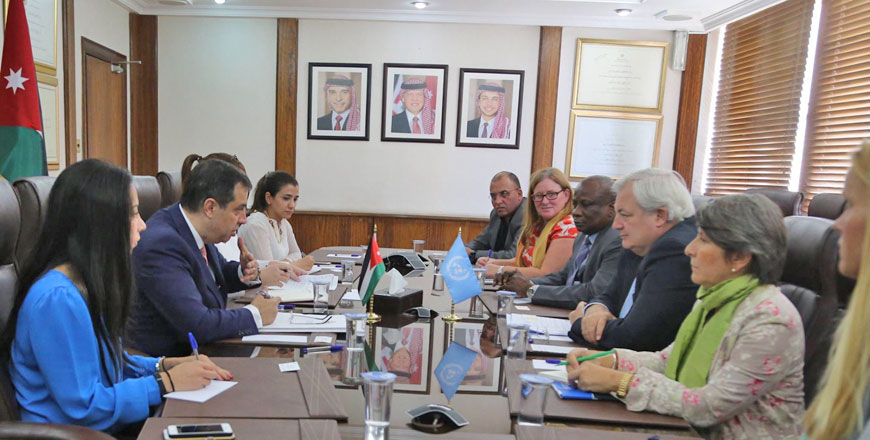 Planning and International Cooperation Minister Imad Fakhoury meets with UN Undersecretary General for Humanitarian Affairs and Emergency Relief Coordinator Stephen O'Brien in Amman on Sunday (Photo courtesy of Ministry of Planning and International Cooperation)