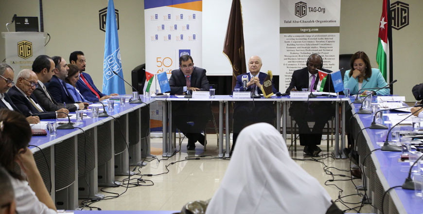 Planning and International Cooperation Minister Imad Fakhoury (left), Talal Abu Ghazaleh, president of Talal Abu Ghazaleh Group (centre) and UN Resident and Humanitarian Coordinator Edward Kallon launch a study on the impacts of the Syrian crisis on Jordan in Amman on Thursday (Photo courtesy of Ministry of Planning and International Cooperation)