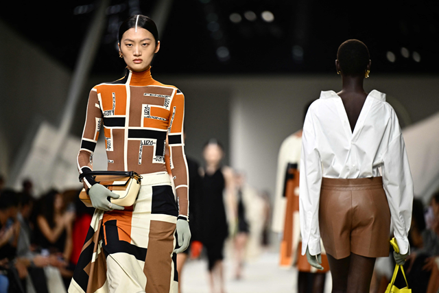 A model walks the runway at the Fendi fashion show during the Milan Fashion Week Womenswear Spring/Summer 2024 on Wednesday in Milan (AFP photo by Gabriel Bouys)
