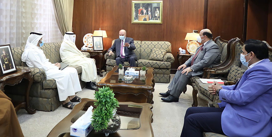Senate President Faisal Fayez meets with Kuwait's Ambassador to Jordan Aziz Dihani and members of the Jordanian-Kuwaiti parliamentary friendship committee in Amman on Tuesday (Petra photo)