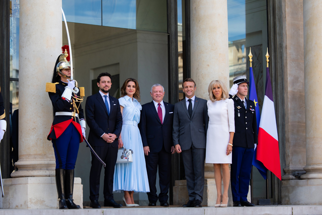 Their Majesties King Abdullah and Queen Rania and HRH Crown Prince Hussein are received by France President Emmanuel Macron and Brigitte Macron at the Élysée Palace in Paris on Wednesday (Photo courtesy of Royal Court)