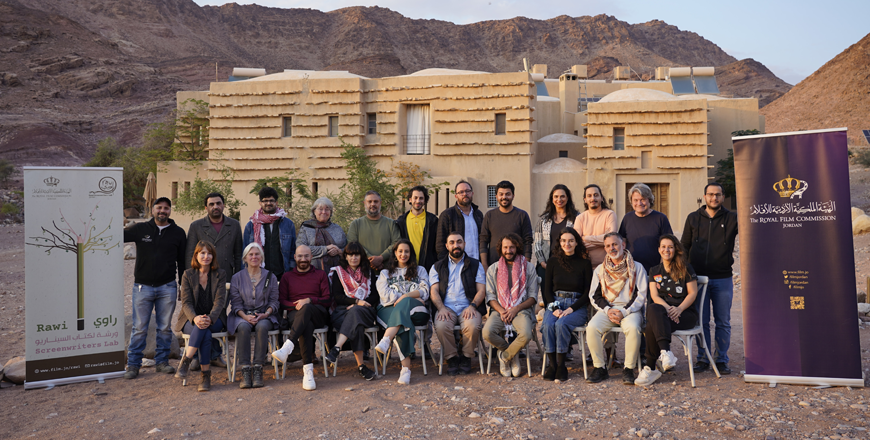 Participants pose for a photo during the 17th edition of Rawi Screenwriters Lab in Wadi Feynan in the southwestern edge of the Dana Biosphere Reserve (Photo courtesy of RFC)