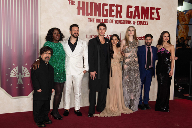From left to right :US actor Peter Dinklage, US actress Viola Davis, US actor Josh Andres Rivera, British actor Tom Blyth, US actress Rachel Zegler, US actress Hunter Schafer, US actor Jason Schwartzman and US singer Olivia Rodrigo attend the premiere of ‘The Hunger Games: The Ballad of Songbirds & Snakes’ at the TCL Chinese Theatre in Hollywood, California, on November 13 (AFP photo)