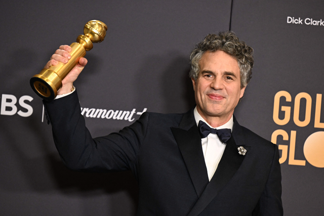 US actor Mark Ruffalo holds the award for Best Motion Picture - Musical or Comedy – ‘Poor Things’ in the press room during the 81st annual Golden Globe Awards at The Beverly Hilton hotel in Beverly Hills, California, on Sunday (AFP photo)