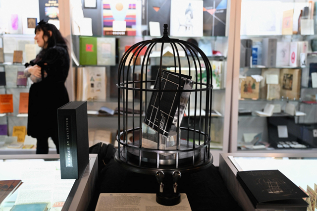 A custom binding of a signed, first-edition of ‘Breakfast at Tiffany’s’ by Truman Capote is displayed at the ABAA New York International Antiquarian Book Fair on Thursday (AFP photo)
