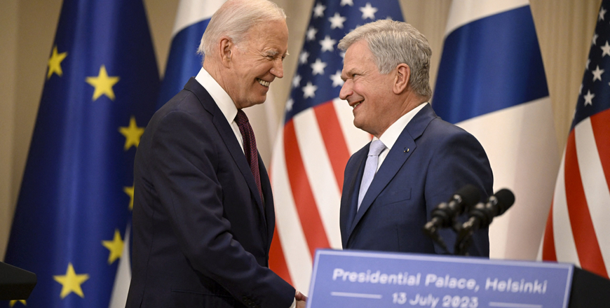 US President Joe Biden shakes hands with Finland's President Sauli Niinisto after a joint press conference after the US-Nordic leaders summit in Helsinki on Thursday (AFP photo)