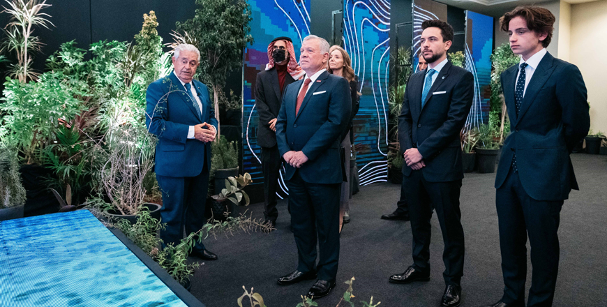 His Majesty King Abdullah, accompanied by HRH Crown Prince Hussein, listens to a briefing on the masterplan to develop the land adjacent to the Baptism Site of Jesus Christ on Wednesday (Photo courtesy of Royal Court)